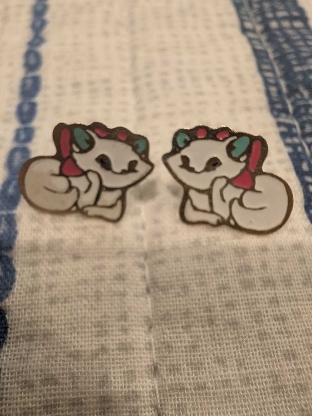 White Cat Marie Enamel Stud Earrings with Teal and Pink Accents